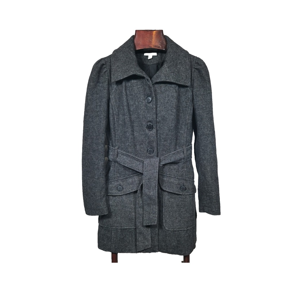 Converse One Star Gray Wool Blend Chevron Pockets Waist Belt Womens Pea Coat Sm